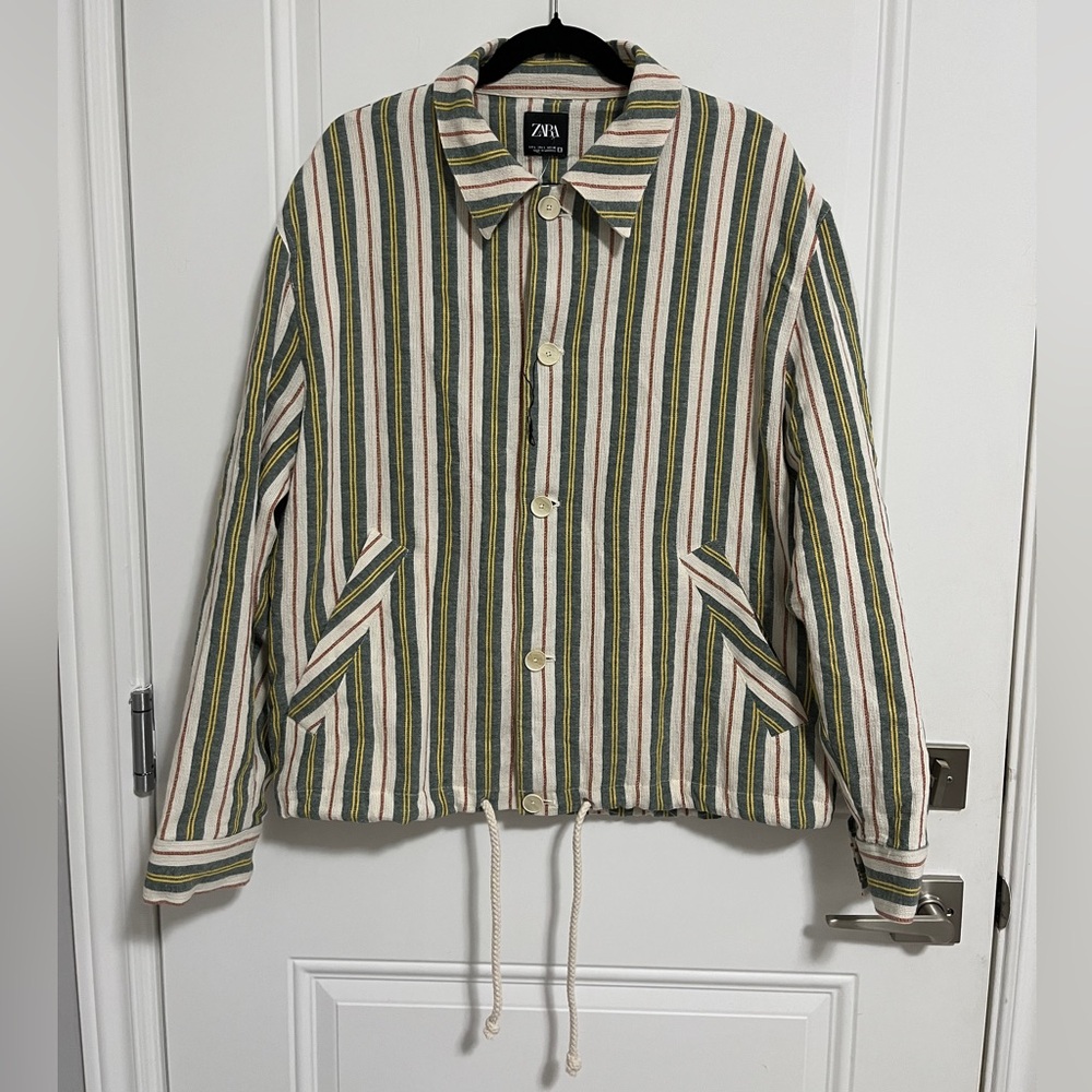 Zara Men's Linen Blended Striped Bomber Jacket - Size L